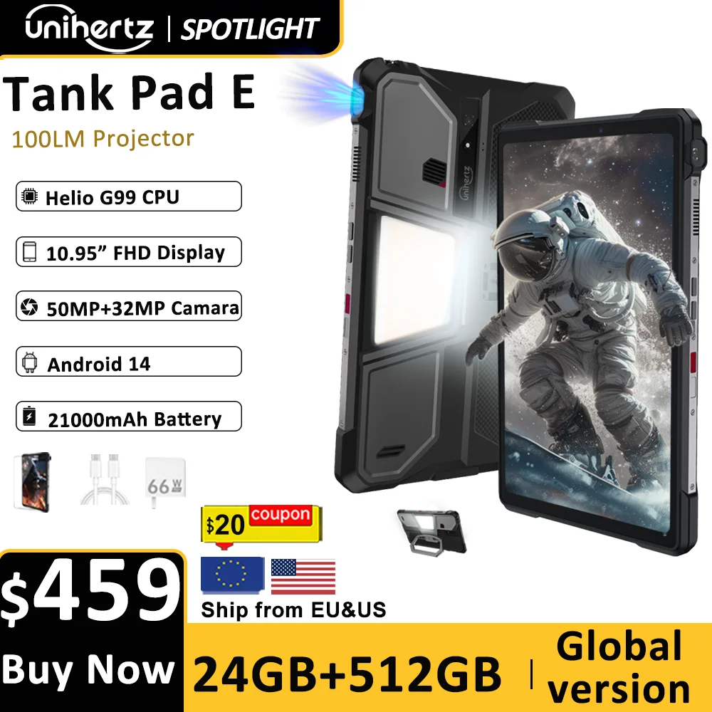 Unihertz 8849 TANK PAD E Rugged Tablet with Projector Android 21000mAh 120Hz 50MP Camera 24GB 512GB 66W 10.95 inch Phone Tablet