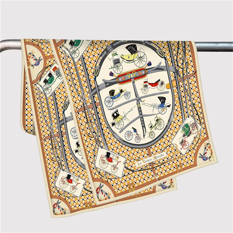Pobing Twill Seiden schal Frauen Poncho Pferde kutsche gedruckt lange Schals Wraps Bandana großen Schal gerollte Hijabs weibliche Foulards – Detail 8
