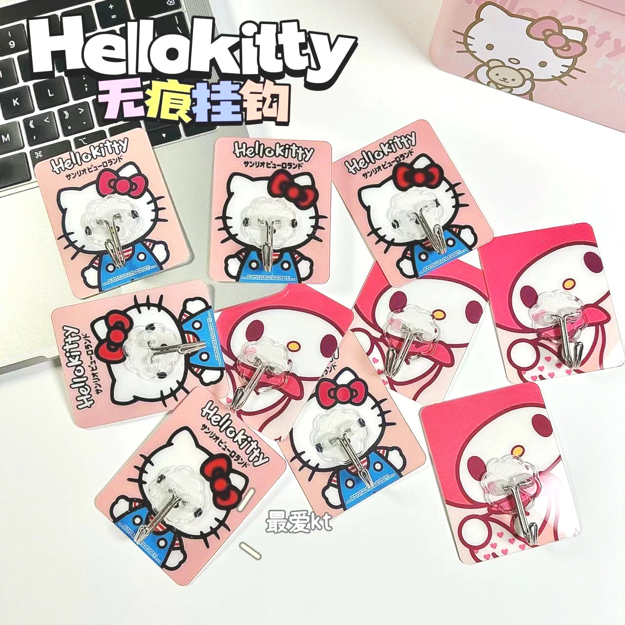 5pcs Cartoon Hello Kitty Melody Self-Adhesive Hook Anime Sanrio Stainless Steel Punch-Free Kitchen Bathroom Toilet Wall Hanging