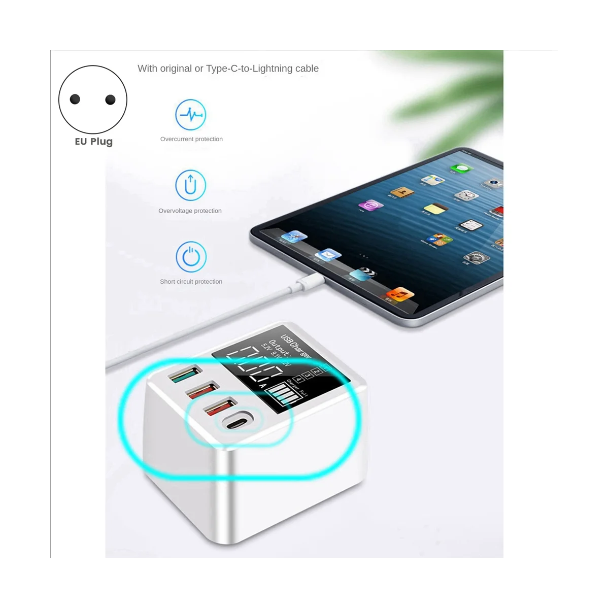 

Зарядка 4-портовая быстрая зарядка USB Smart ID Display Зарядное устройство QC3.0/PD20W Вилка европейского стандарта