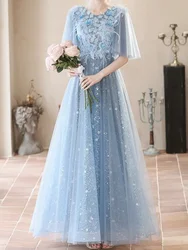 Customized Elegant O-neck Front Exquisite Flower Feathers Appliques Ceremonial Dress Long Mesh Tiered Sequin Temperament Vestido