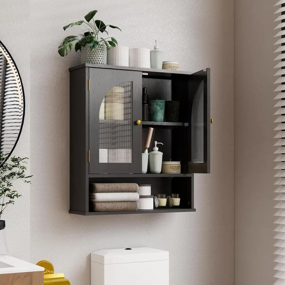 

Over-the-Toilet Wall Cabinet with Arched Glass Door & Adjustable Shelves, Black