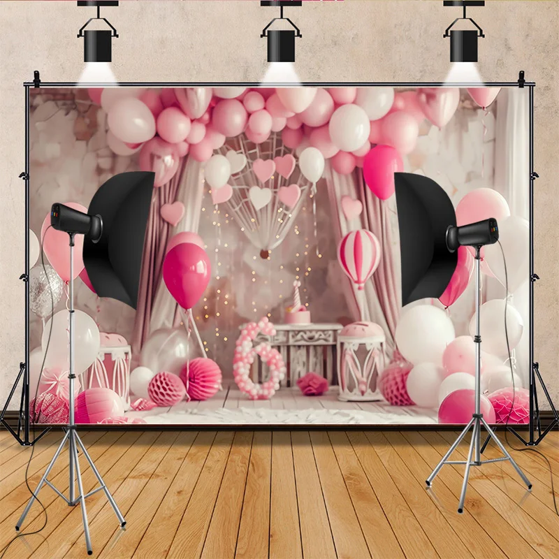 Happy Birthday  Photography Background  Number Pink Bear doll Hydrogen balloon Floral Baby Party Backdrops SR-76