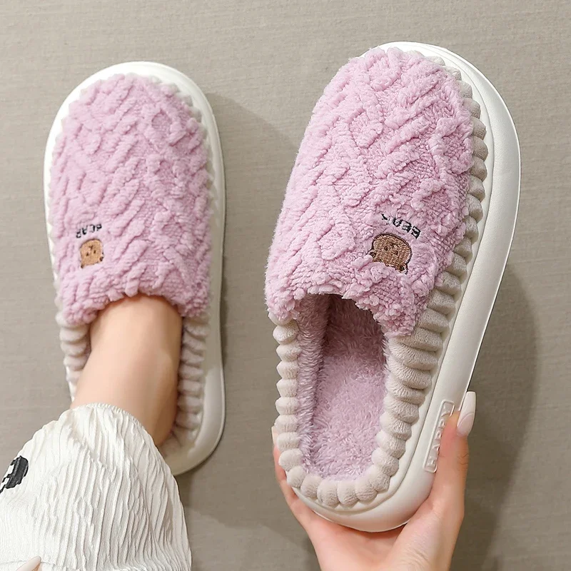 New Men Fluffy Slippers Women Thick Sole Slides Winter Warm Furry Shoes Lovers Bedroom Home Non-Slip Platform Plush Flats