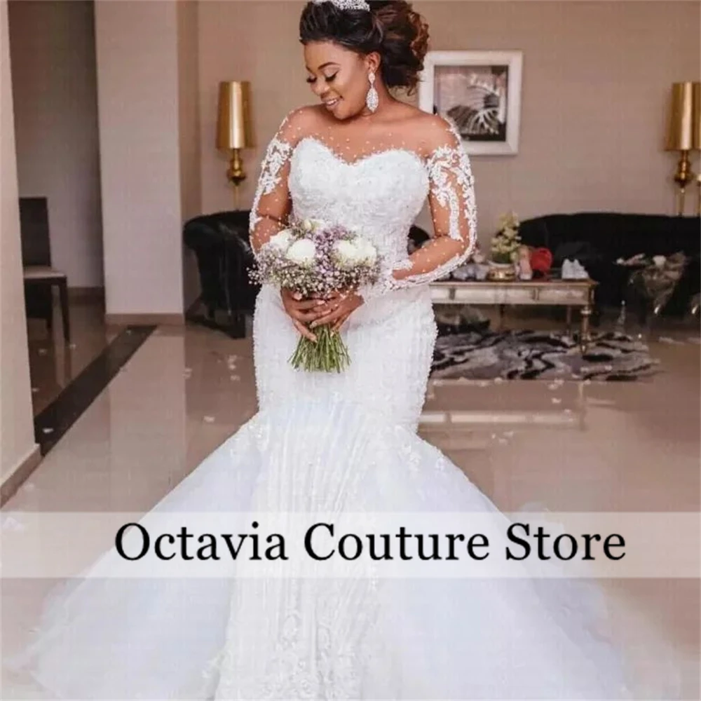 花嫁のための白いレースのウェディングドレス,ビーズ,ラウンドネック,長袖,人魚の衣装,カスタマイズされた,特別な機会