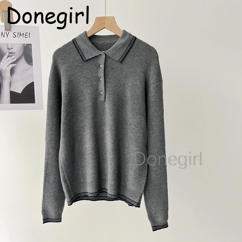 Women's Sweater Autumn New Knit Pullovers Polo Neck Long Sleeve Top Knitwear Crop Blue Button Pullover Casual Sweater Women