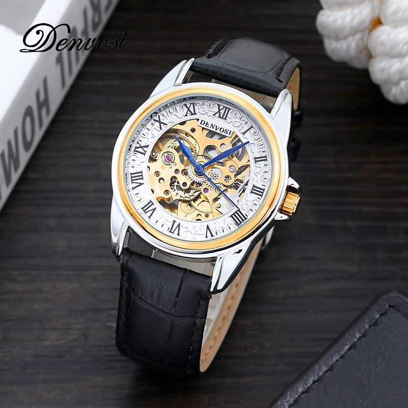 DENVOSI Top Brand Luxury Automatic Mechanical Watches Transparent Fashion Waterproof Male Skeleton Wrist Watch With Luminous