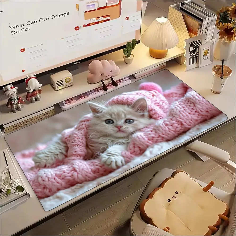 Cute Kitten Pink Knit Blanket Extra Large Gaming Mouse Pad XXL Desk Mat Non Slip Rubber Base Smooth Surface for Cozy Room
