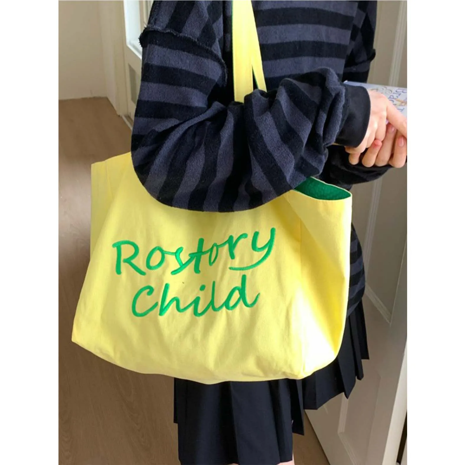 

Spring and summer new tote bag, Korean lazy style canvas bag, simple embroidery double-sided bag, grid pattern contrasting color