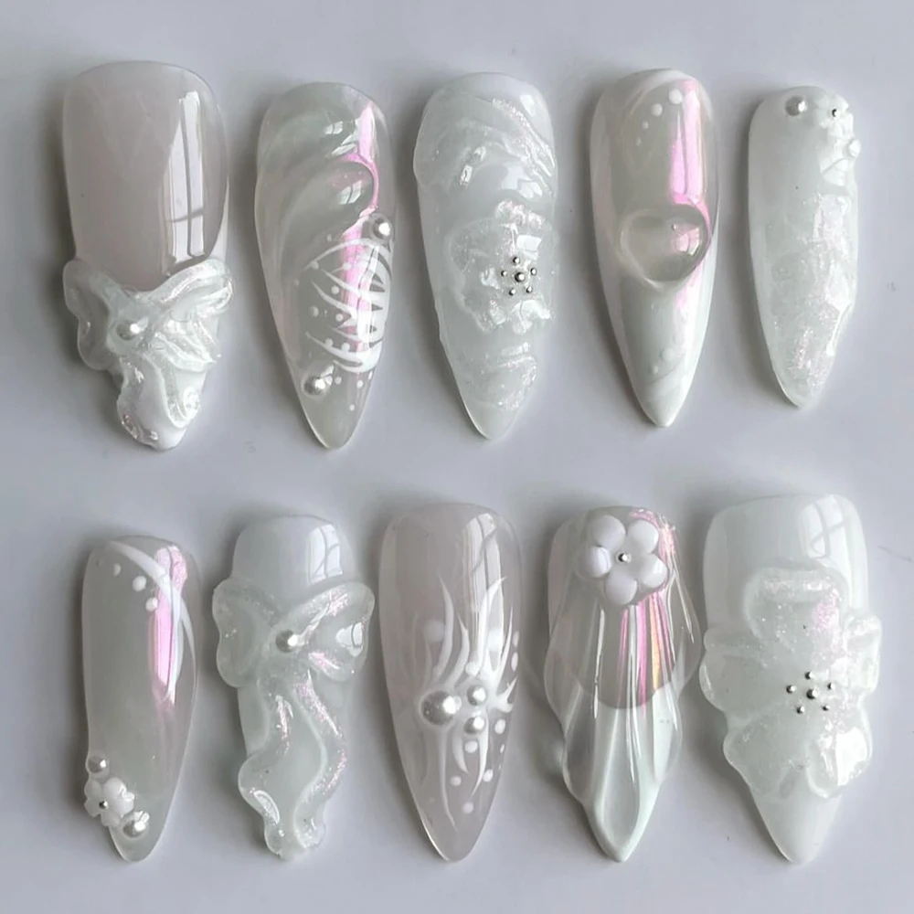 

Long Almond 3D Gel Press On Nails Art French White Simple Bow Shell Flower Fake Nail Party Sticker Customizable Bridesmaid Gift