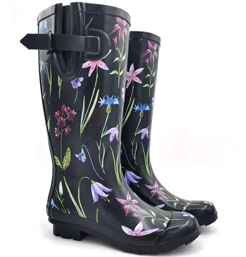 Rouroliu Women Fashion Navy Blue Floral Buckle Rainboots Waterproof Water Shoes Comfortable Non-Slip Tall Rain Boots Woman RB73