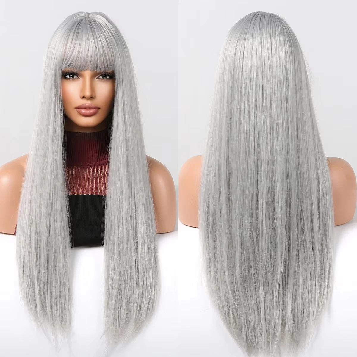 Perruque droite synthétique Grandma Grey de 26 pouces pour cosplay d'Halloween et usage quotidien, ensemble de perruques en soie haute température