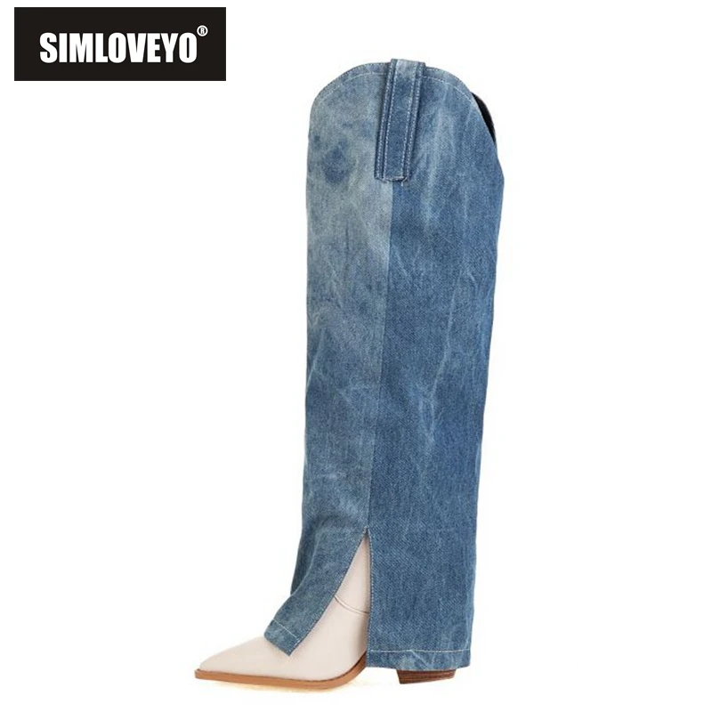 SIMLOVEYO Shoes woman Female shoes Solid Fashion Tube Knee High Boots Pointed Toe Wedge Block Heel  Size 34-43 Blue S2654