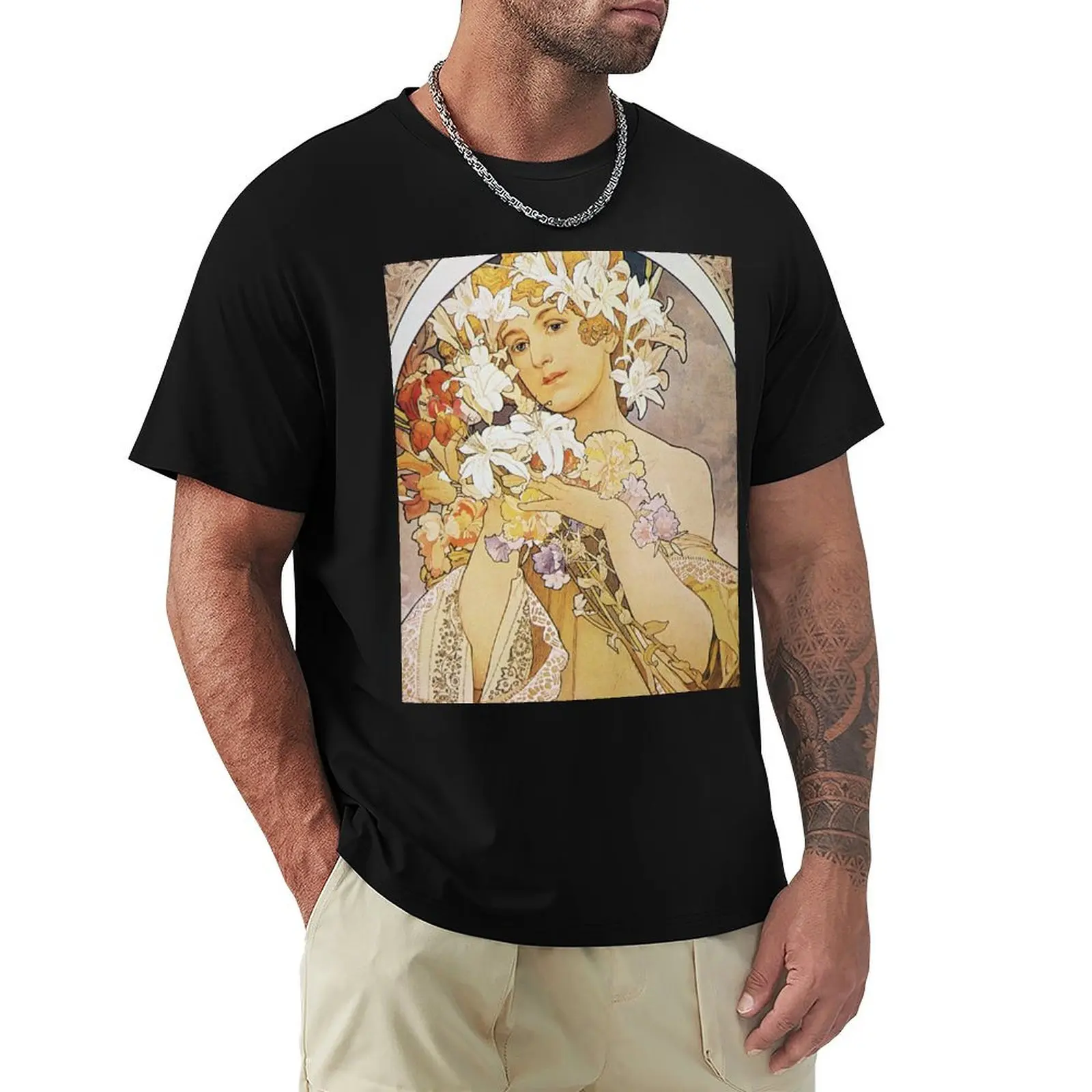 Alphonse Mucha - Flowers 1897 T-Shirt Stain Resistant Casual Tee