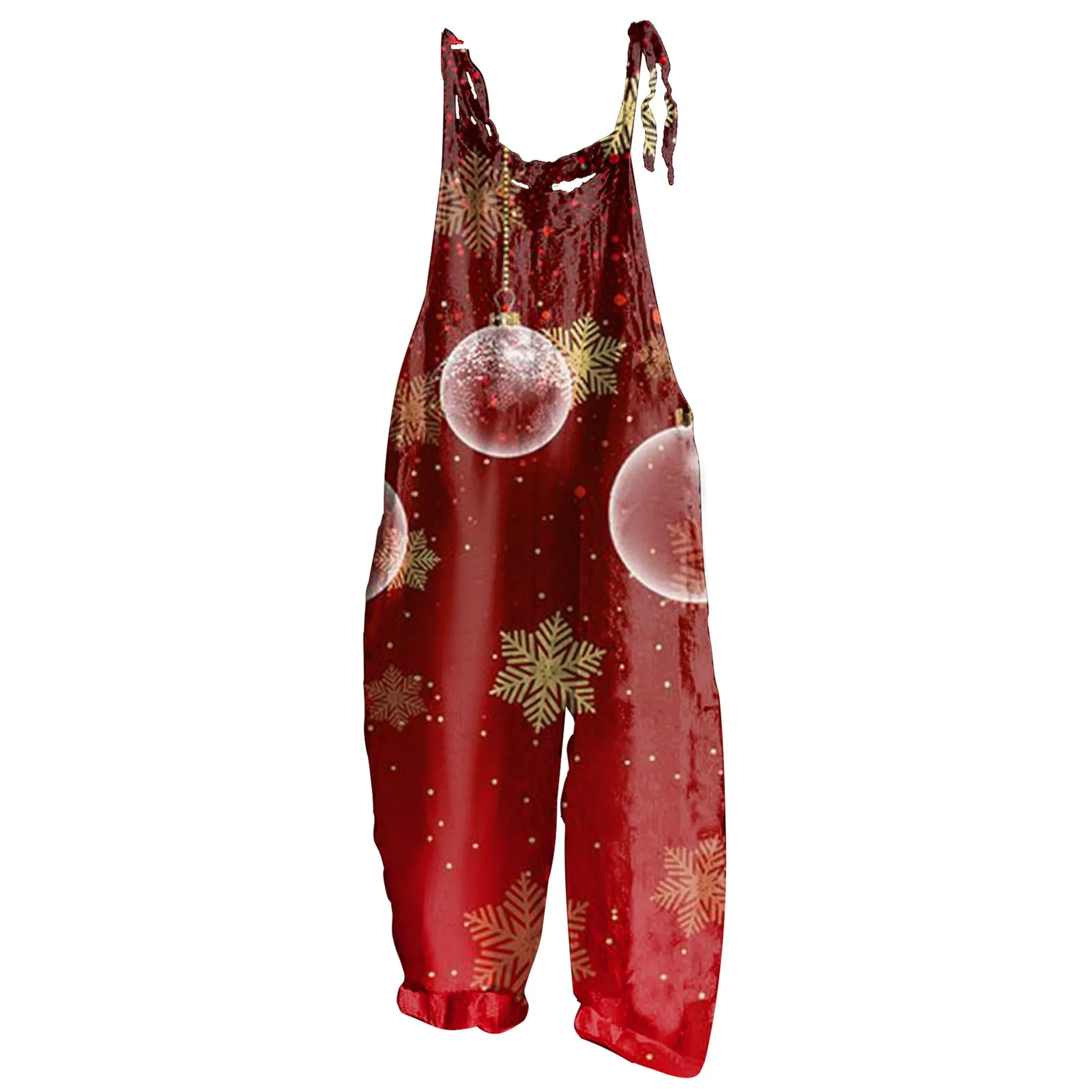 2023 New Women'S Casual Christmas Print Loose Wide Leg Jumpsuit Casual Sleeveless Suspender Trouser Plaid Snowflake Jumpsuit