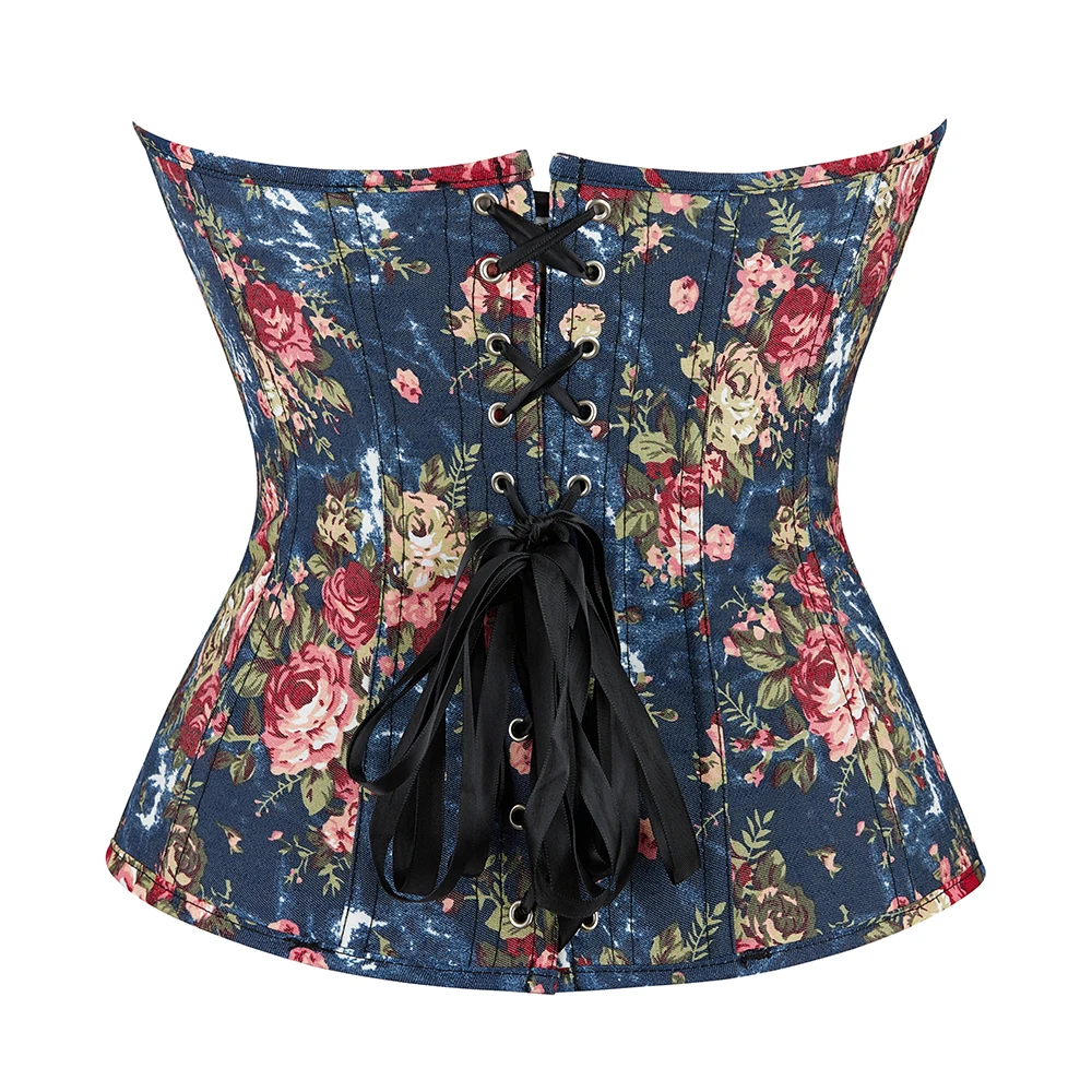 Vintage Korset for Women Blue Denim Bustier Top Overbust Floral Printed Corset Fashion Corselets