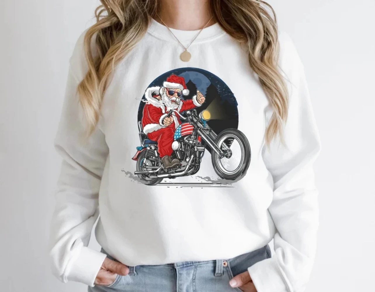 

Santa Claus on Bike Sweatshirt Christmas Motorcycle Funny Cute Trendy Crewneck Pullover Tee Winter Clothing Women