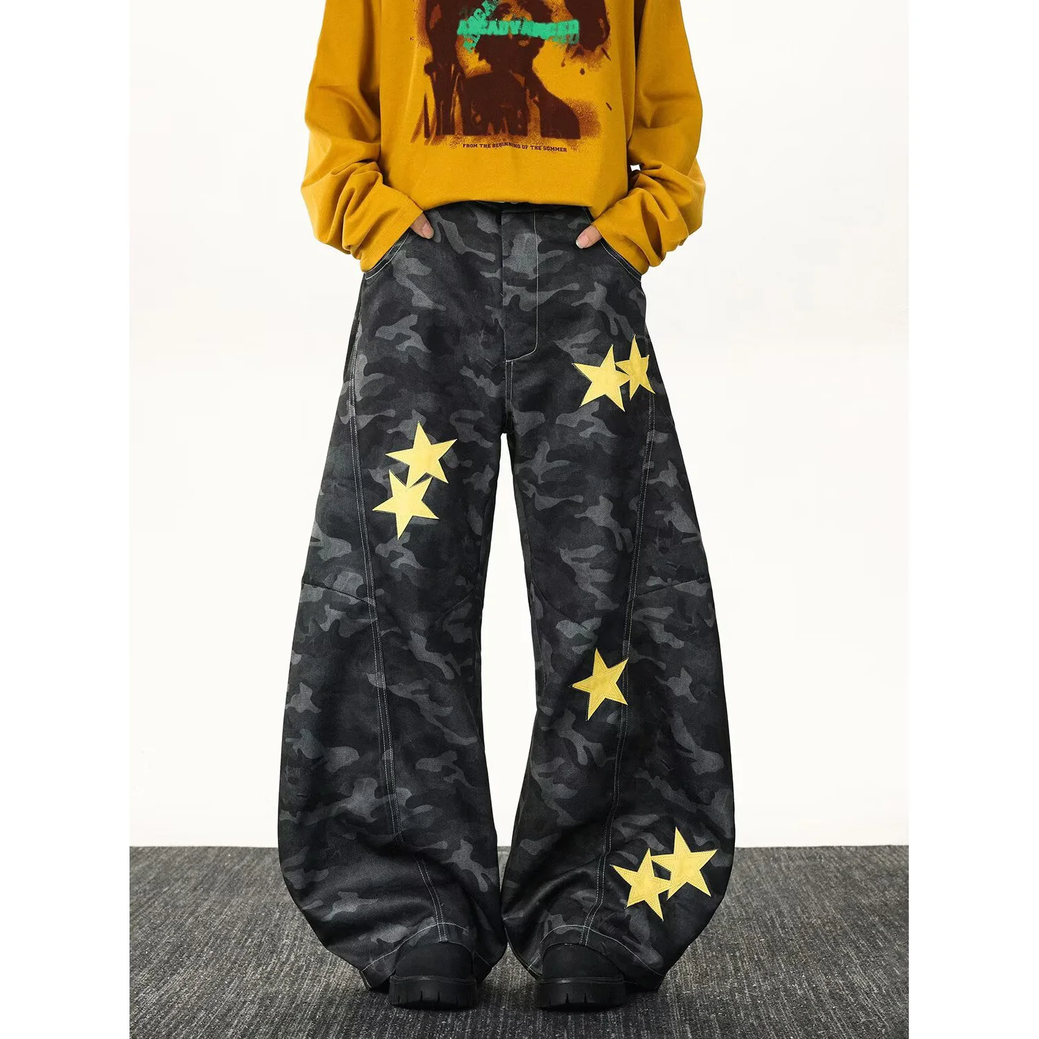 

Retro American Camouflage Star Print Workwear Jeans Men's Loose Wide Leg Dragging Knife Hiphop Sle Casual Trousers