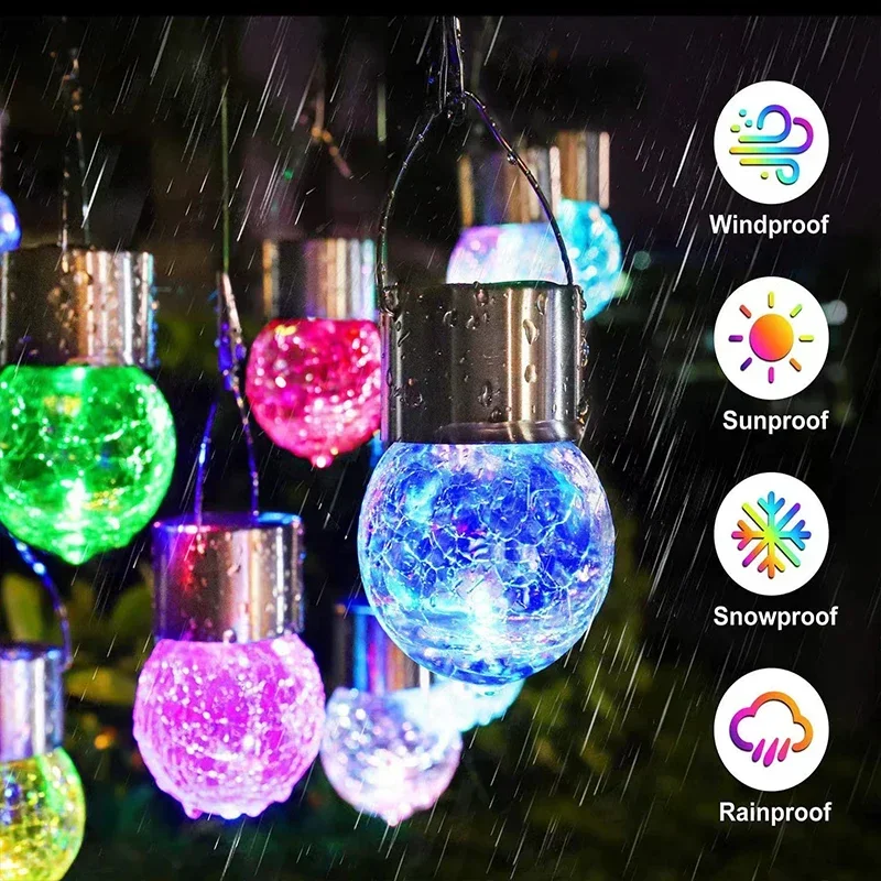 Luces colgantes solares, luces de decoración navideña con bola colgante de vidrio agrietado que cambia multicolor, luces exteriores impermeables