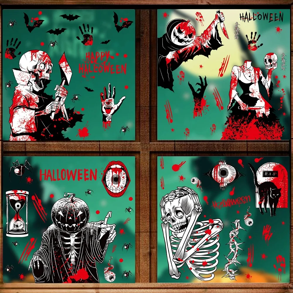 Halloween Decoration Window Stickers Axe Skull Pumpkin Demon Clown Ghost Static Cling Stickers Halloween Party Glass Stickers