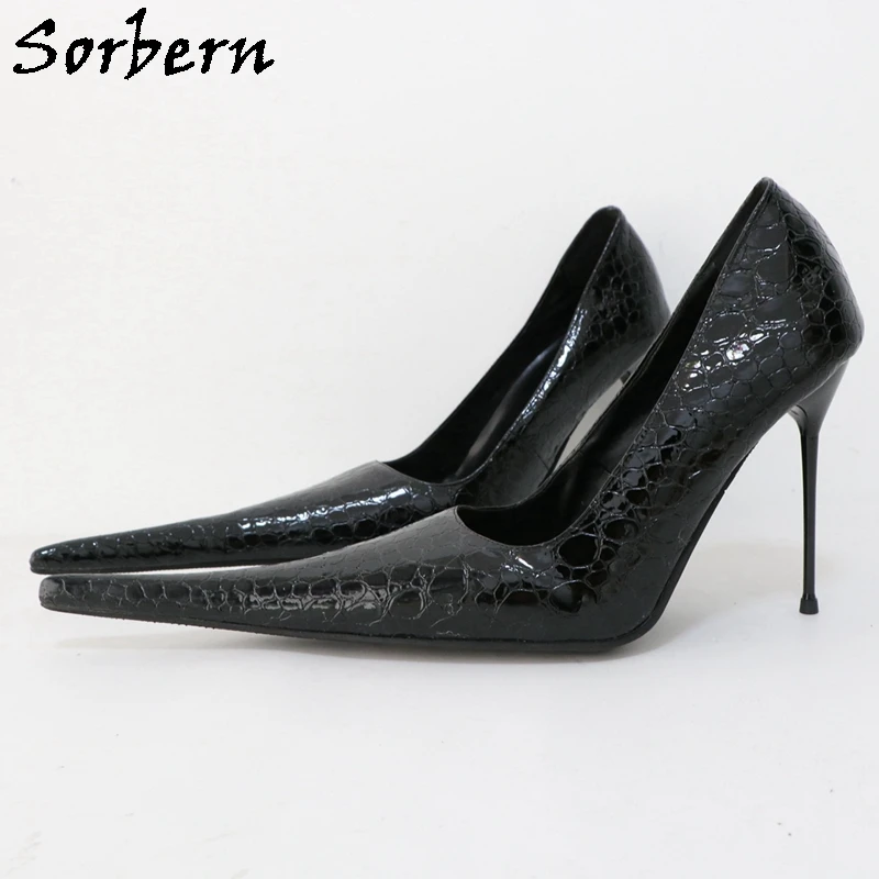 Sorbern Stone Black Women Pumps Slip On Snakeskin 12cm Steel Heels Size US4-16 Shoes Unisex Fetish Custom Super Long Pointed Toe