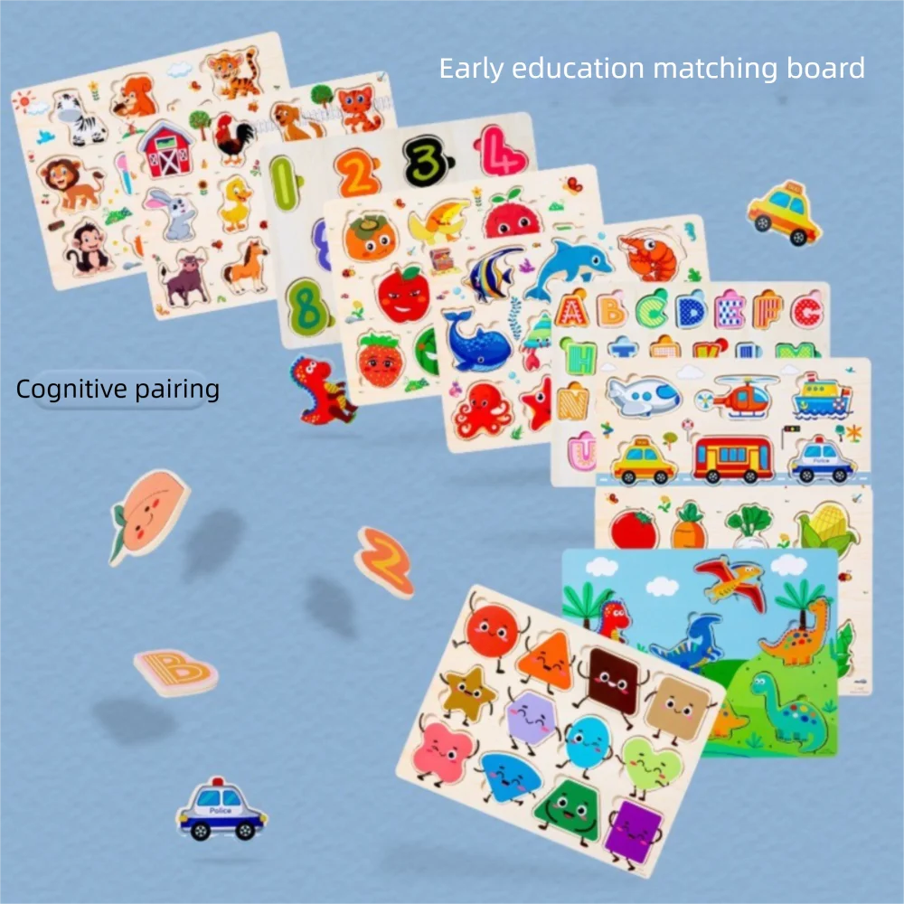 

Early Learning Toys Montessori Wooden Puzzle Cartoon Animal Design Alphabet Shape Hand Grab Board Educational Matching Puzzle