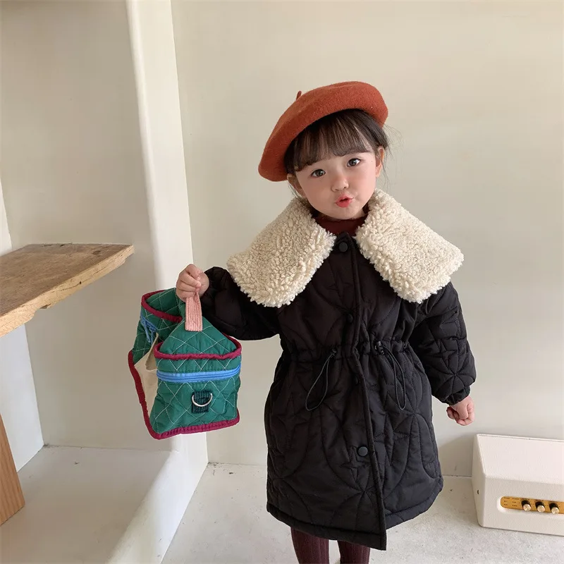 

Girls Long Cotton-padded Jacket Winter 2022 Korean Solid Color Thicken Warm Children Lambswool Collar Waist Outerwear & Coats