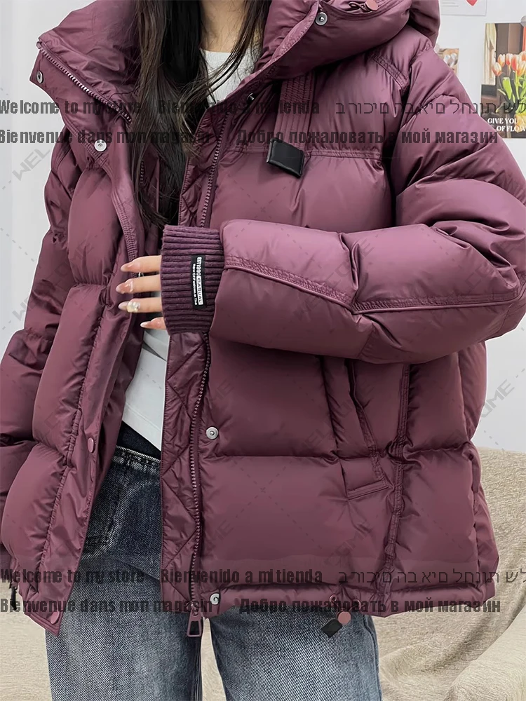 Jaket Puffer bertudung untuk wanita, jaket Luaran pendek tebal motif bebek warna putih, pakaian luar serbaguna kasual wanita musim dingin 90%