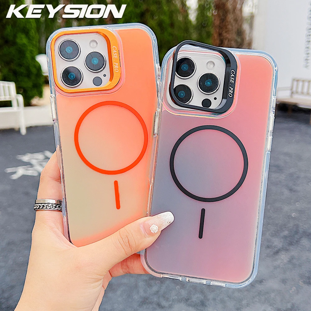 

KEYSION Colorful Gradient Magnetic Lens Stand Case for iPhone 12 13 14 15 16 Pro Max 16Plus 16e 17e for MagSafe Shockproof Cover