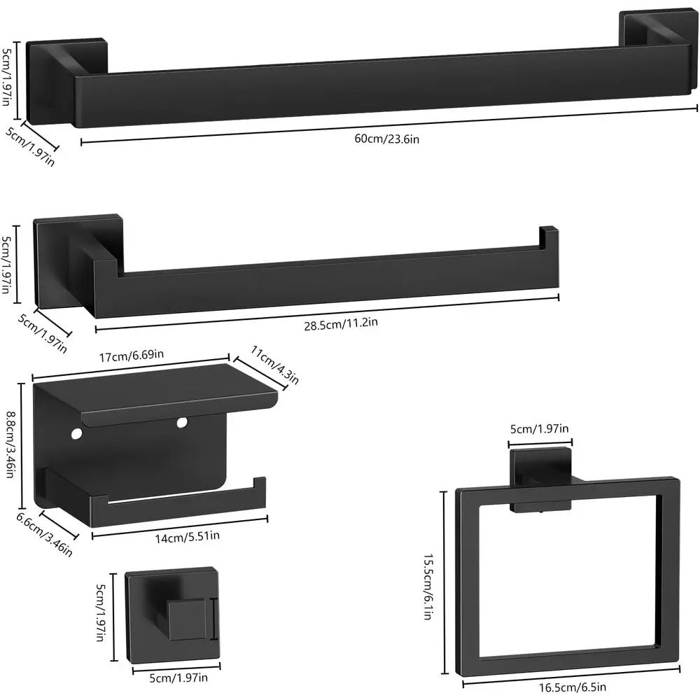 Contemporary 8-Piece Bathroom Hardware Set in Matte Black: Includes Towel Racks, Bar, Hooks, Holder, and Ring