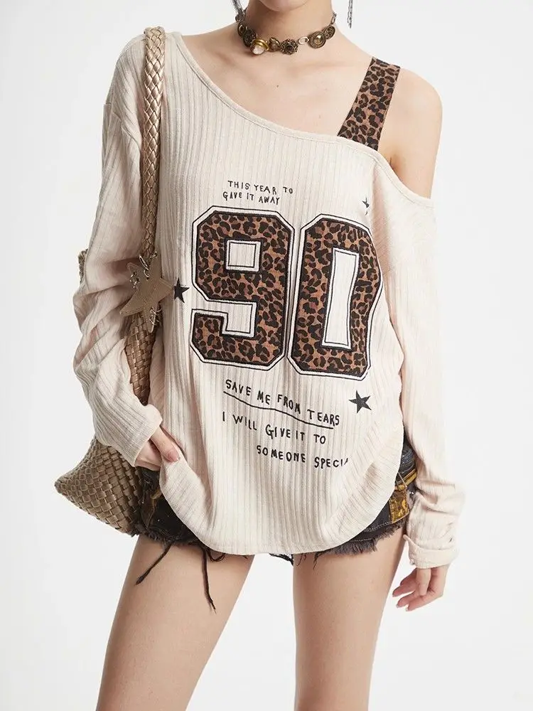 

HOUZHOU Beige Leopard Letter Print Women T-Shirts Y2k Vintage Off Shoulder Long Sleeve American Style Black Tees Oversize Grunge