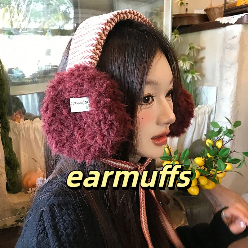 

Винтажные клетчатые плюшевые наушники в корейском стиле, защитные ремни для ушей, зимние теплые и морозостойкие модные женские наушники