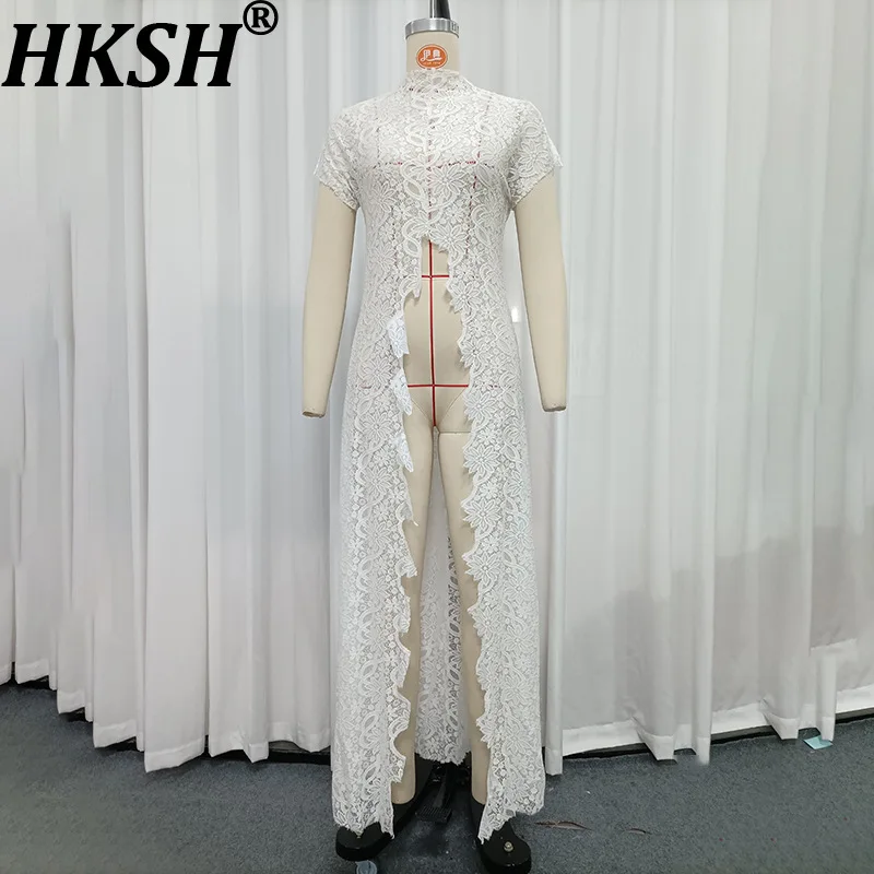 HKSH Women T-shirt French Style Elegant Niche White Lace Sheer Short Sleeve Fashion Versatile Slit Design Trend Long Top HK26670