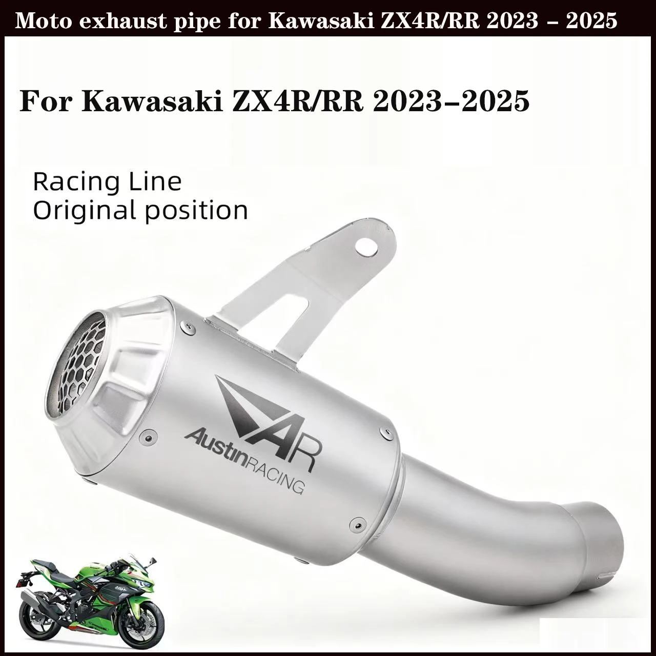

Motorcycle exhaust pipe is used for Kawasaki ZX4R, ZX4RR, and the 2023 2024 - 2025 stainless steel integrated exhaust pipe.