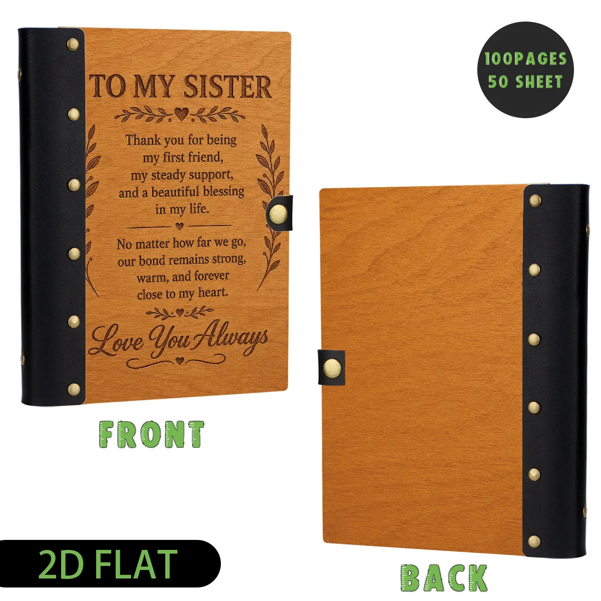 1pc Leather and Wooden Hardcover Notebook Design, 2D Flat Rustic Wood Grain To My Sister Love Quote, Leaf Wreath Vintage Journal