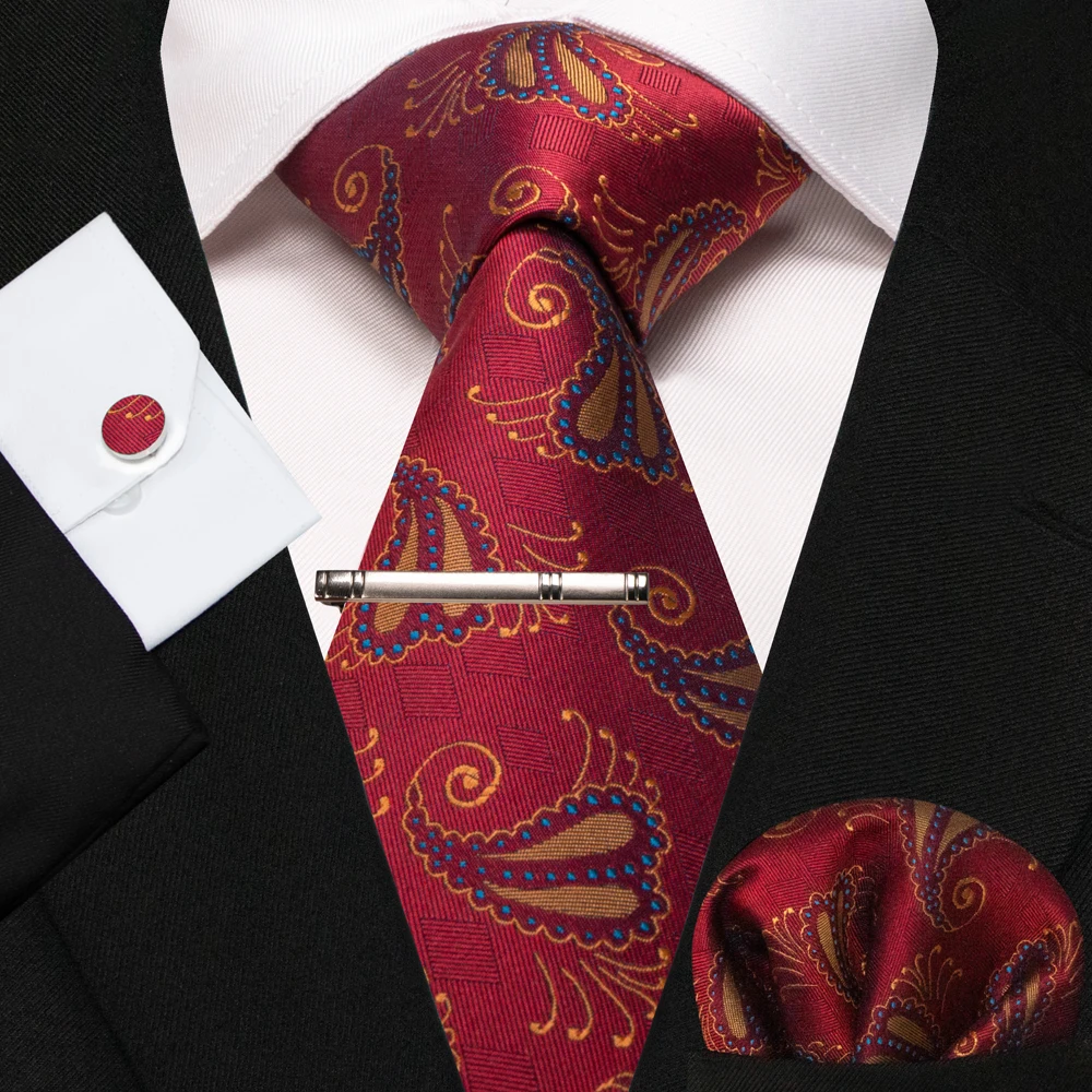 KAMBERFT Neue Klassische Seidenkrawatte für Herren Rot-Gold Gestreift Herrenkrawatte Taschentuch Manschettenknöpfe Set Hochzeit Business Party Gravatas – Detail 31