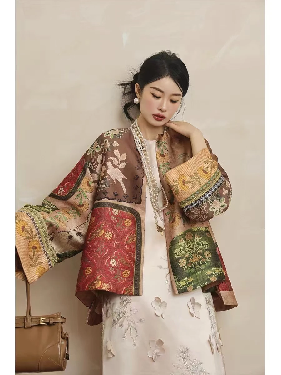 Spring and Autumn New O-Neck Chinese Style Retro Hidden Button Coat for Women 2024 High End Print Color Blocked Jacket S-XL