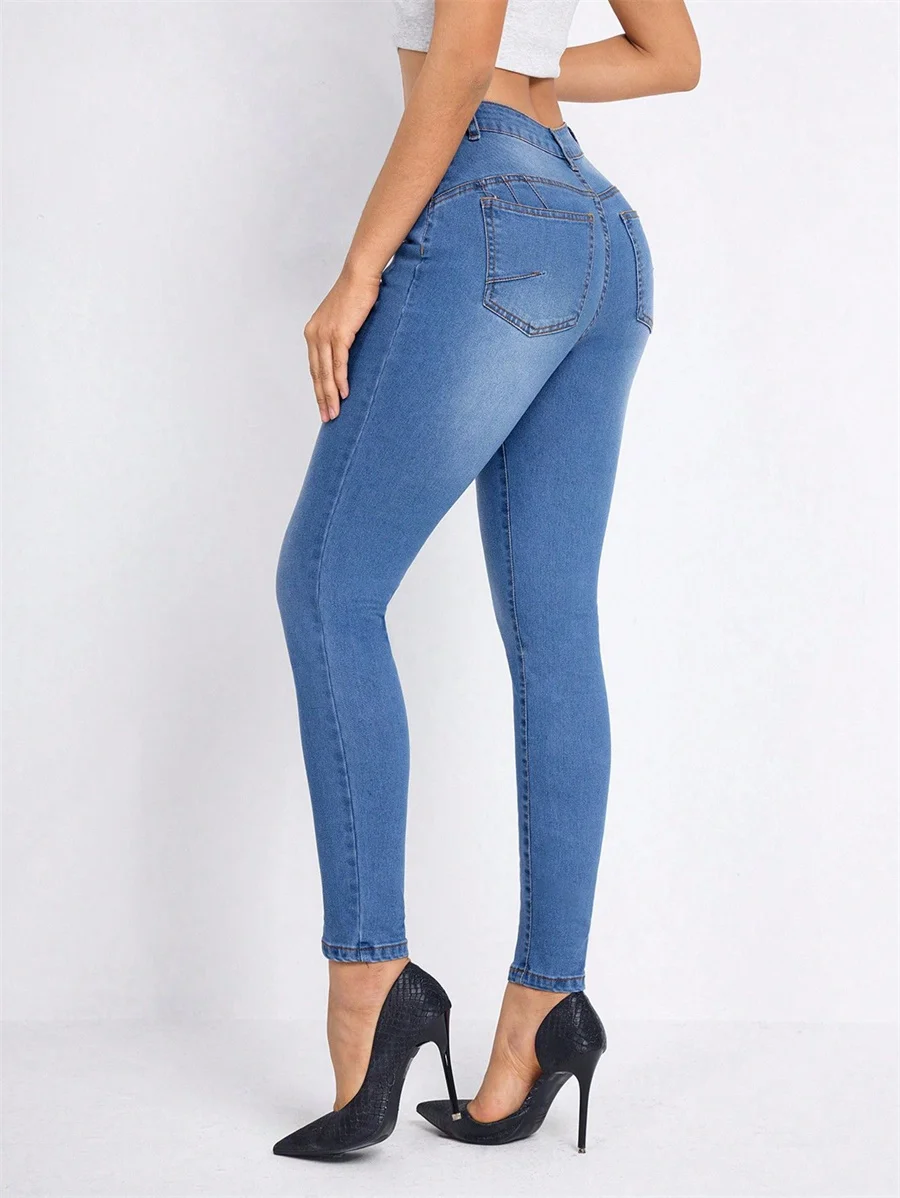 Benuynffy Fashion Stretch Mid Waisted Jeans for Women Spring Summer Sexy Slim Fit Pencil Pants Streetwear Skinny Denim Trousers