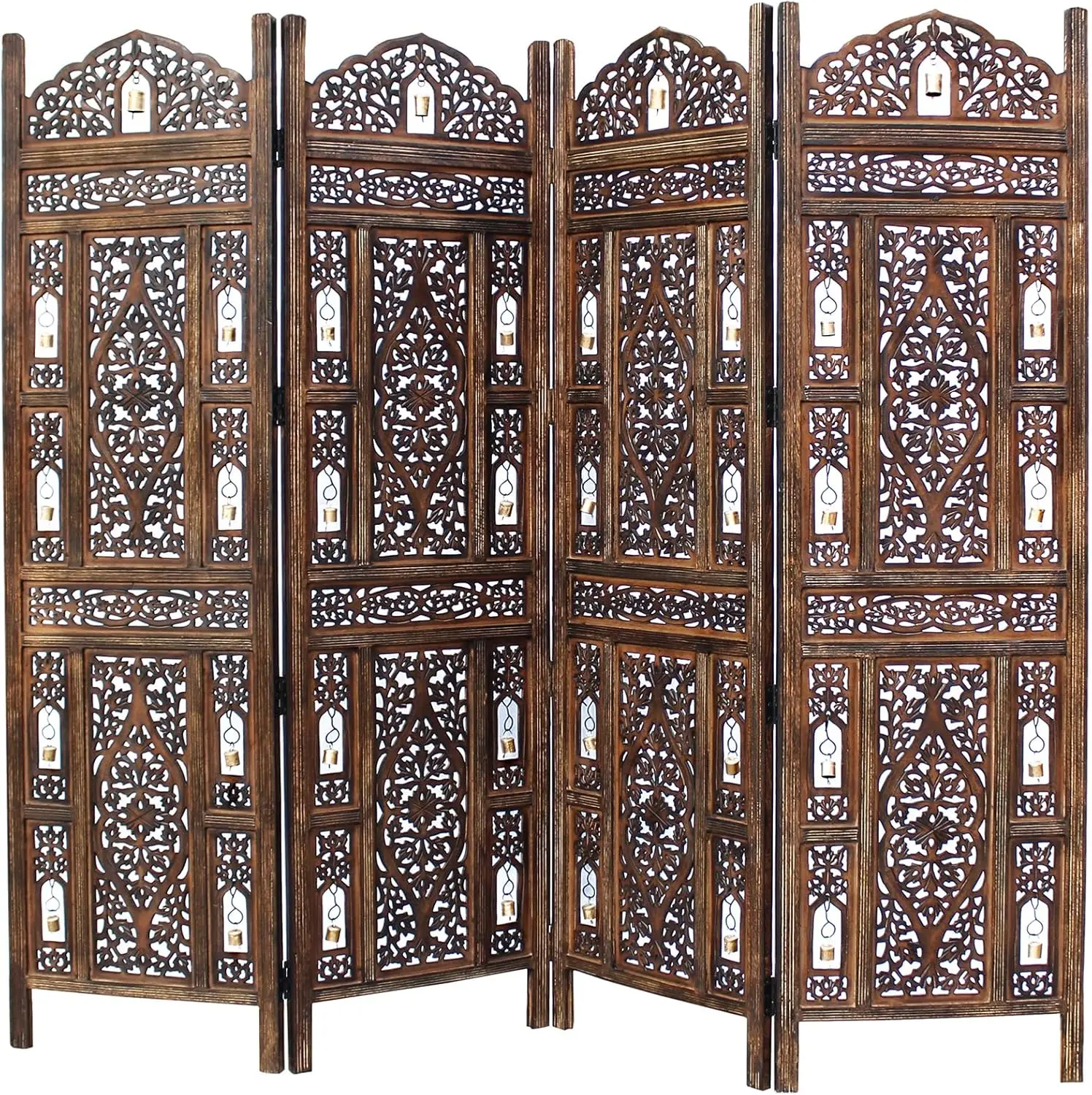 

Antique Brown Wood Room Divider with Bells - 4 Panel Folding Screen, Hand Carved, Portable Privacy Partition