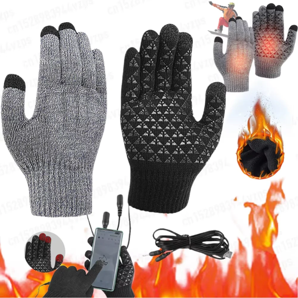 

Unisex USB Electric Heated Gloves Winter Outdoor Sport Non-slip Touch Screen Mitten Rechargeable Thermal Knitting Heating Mitts