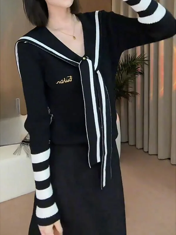 Cseta ajustada de punto de manga larga con cuello azul marino para mujer, Top a rayas que cubre el vientre, talla ande, ...