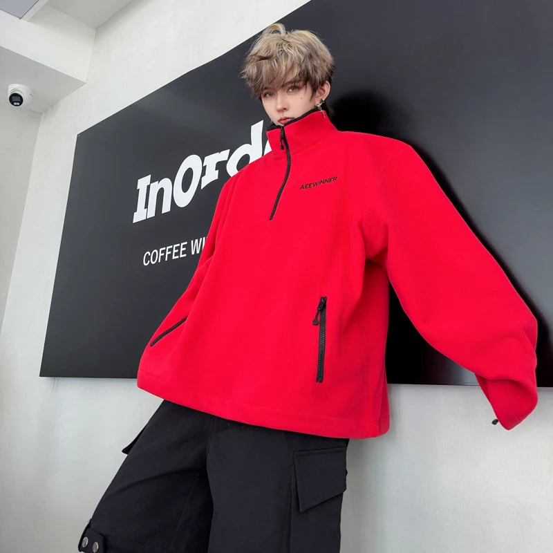 

Осень-зима, уличный теплый джаток на молнии для пар, красный свитшот с вышивкой и воротником-стойкой, модная мужская одежда