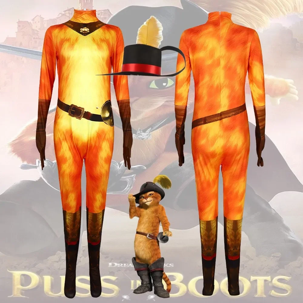 

Puss In Boots Cosplay Puss Tight Jumpsuit Costume Adult Bodysuit Hat Halloween Party Performance Zentai Set