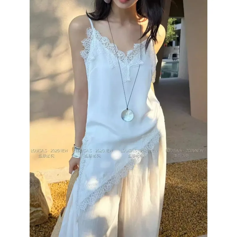 Casual Spring Lace Patchwork Camisole Women Asymmetric Hem Satin Tank Tops Daily Layering S-4XL