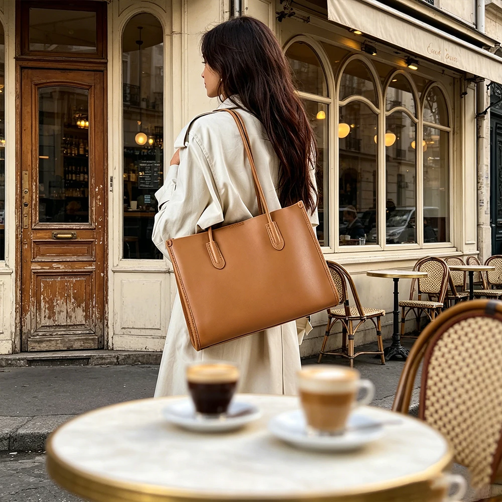 Women's Fashion Genuine Leather Tote Bag Soft Nappa Cowhide Commuter Handbag Large Capacity Shoulder Purse Daily Work Bag