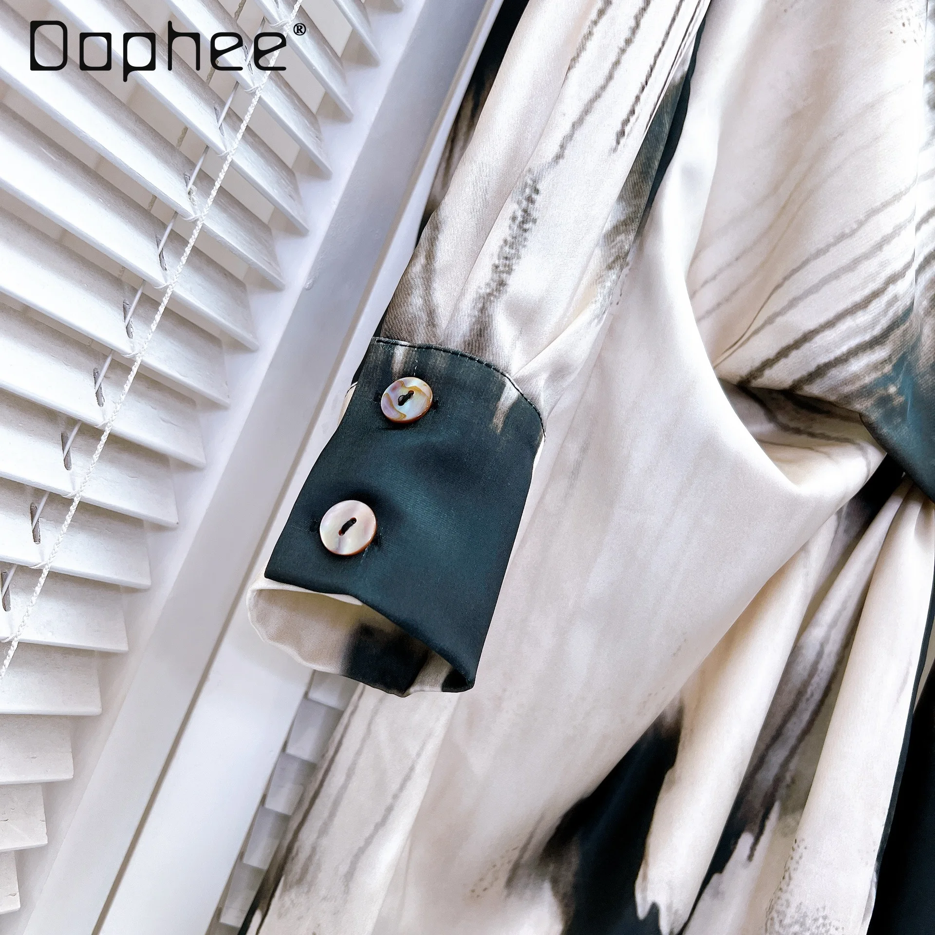 Elegante Prominente Vintage Print Kleid Frauen Herbst Koreanische Mode Langarm Dünne Lange Kleid High-end-V-ausschnitt Hemd Kleider