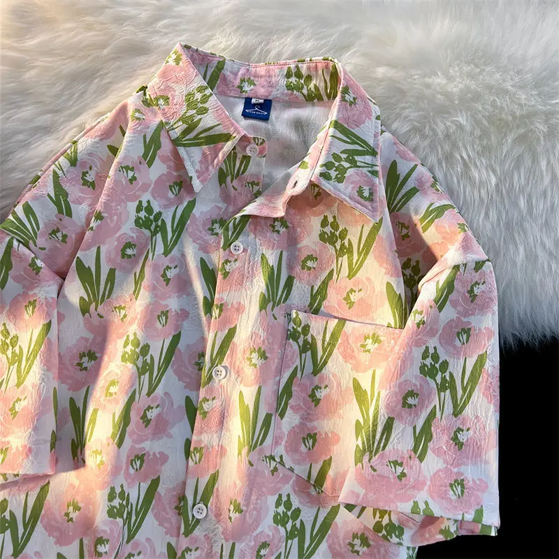 Camisa Vintage con estampado de flores para mujer, blusa informal de manga corta con botones, ropa de calle Harajuku para verano