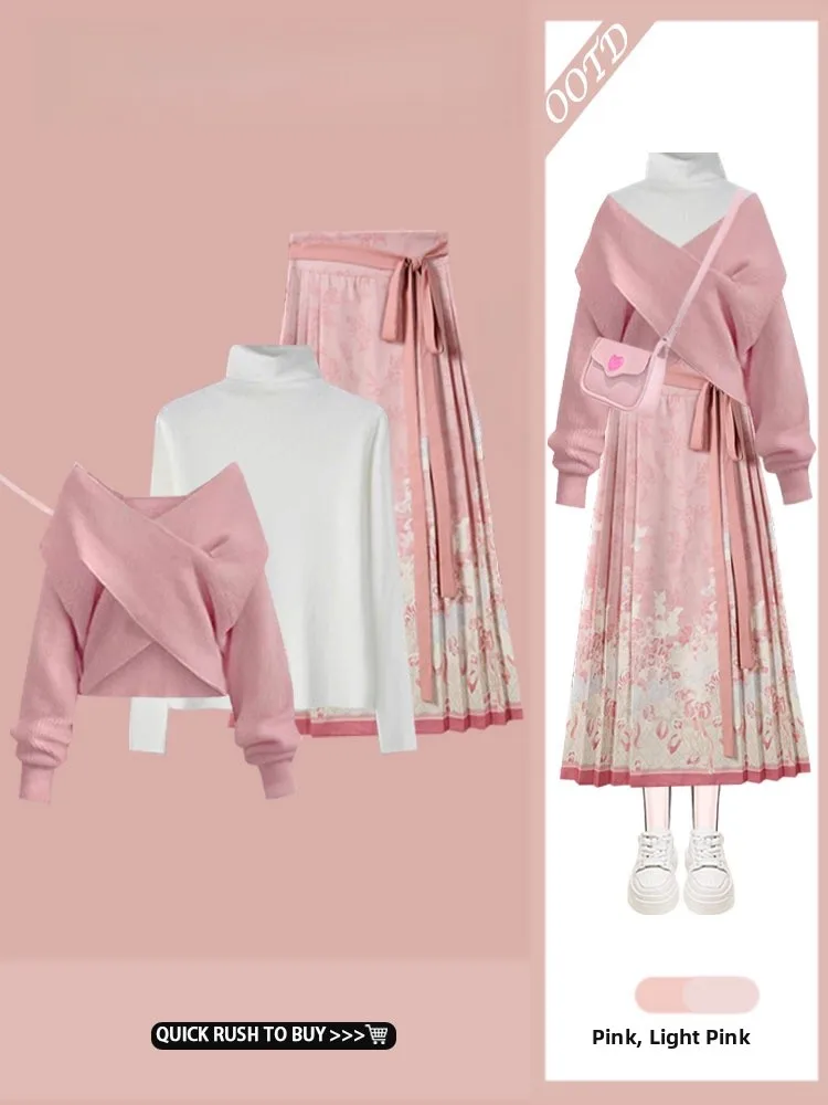 

Dopne Sweater Cross-oulder Chinese Silk Skirt Faion Set Sweet And Spicy Sle Autumn Winter New Knittedwear