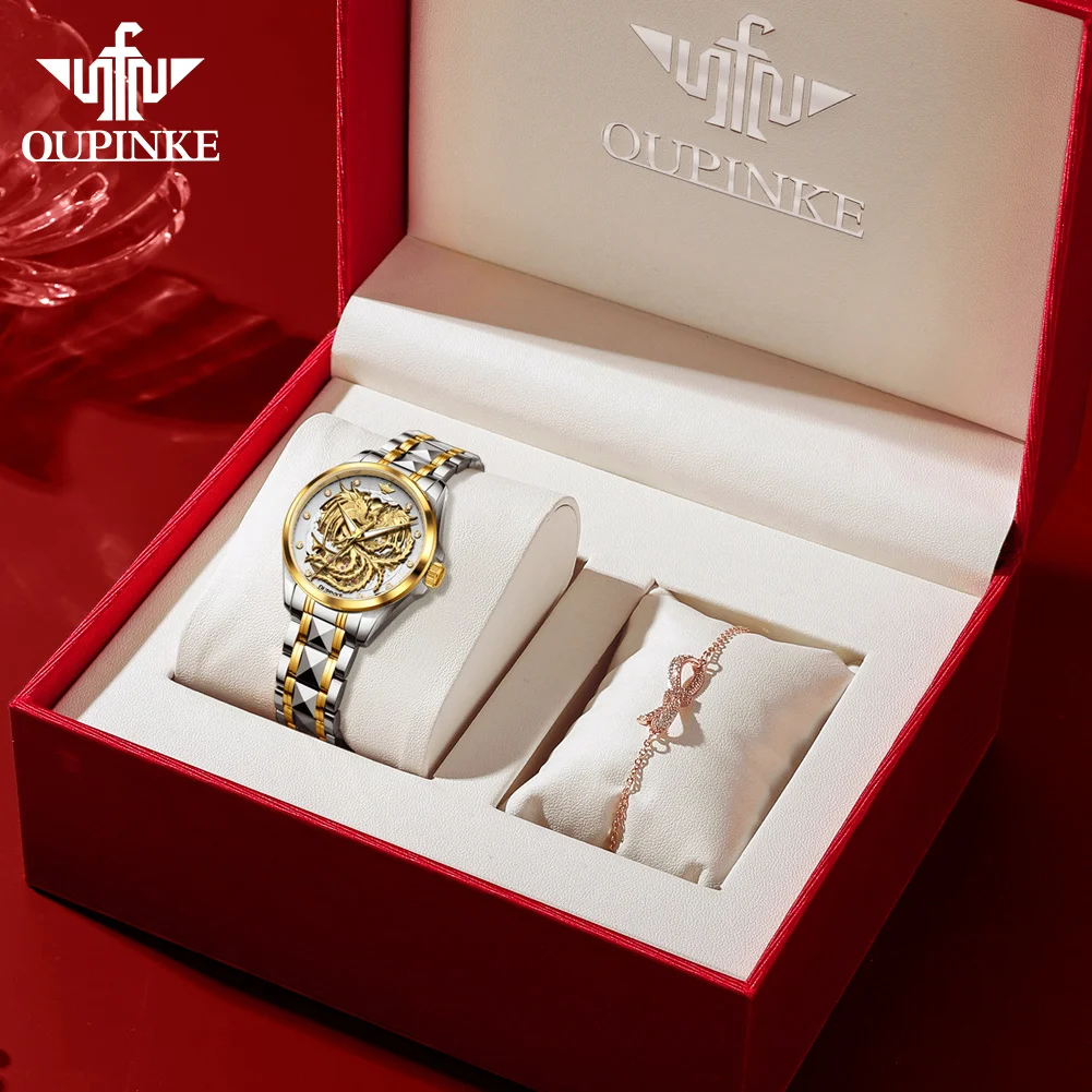 OUPINKE ساعات نسائية 3276 موضة فاخرة التنغستن الصلب الأصلي ساعة ميكانيكية أوتوماتيكية لسيدة هدية مجموعة صناديق مقاوم للماء