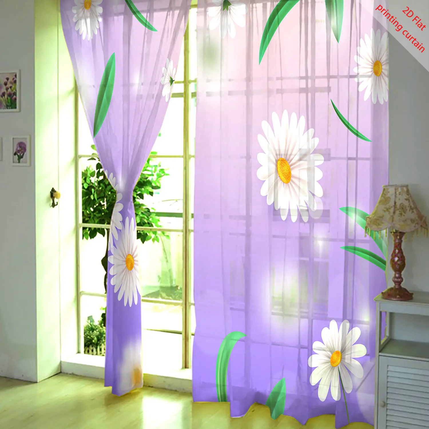 Purple Background Flower Print Gauze Curtain Transparent Curtain, Home, Office, Dormitory, Living Room Balcony Window Decoration